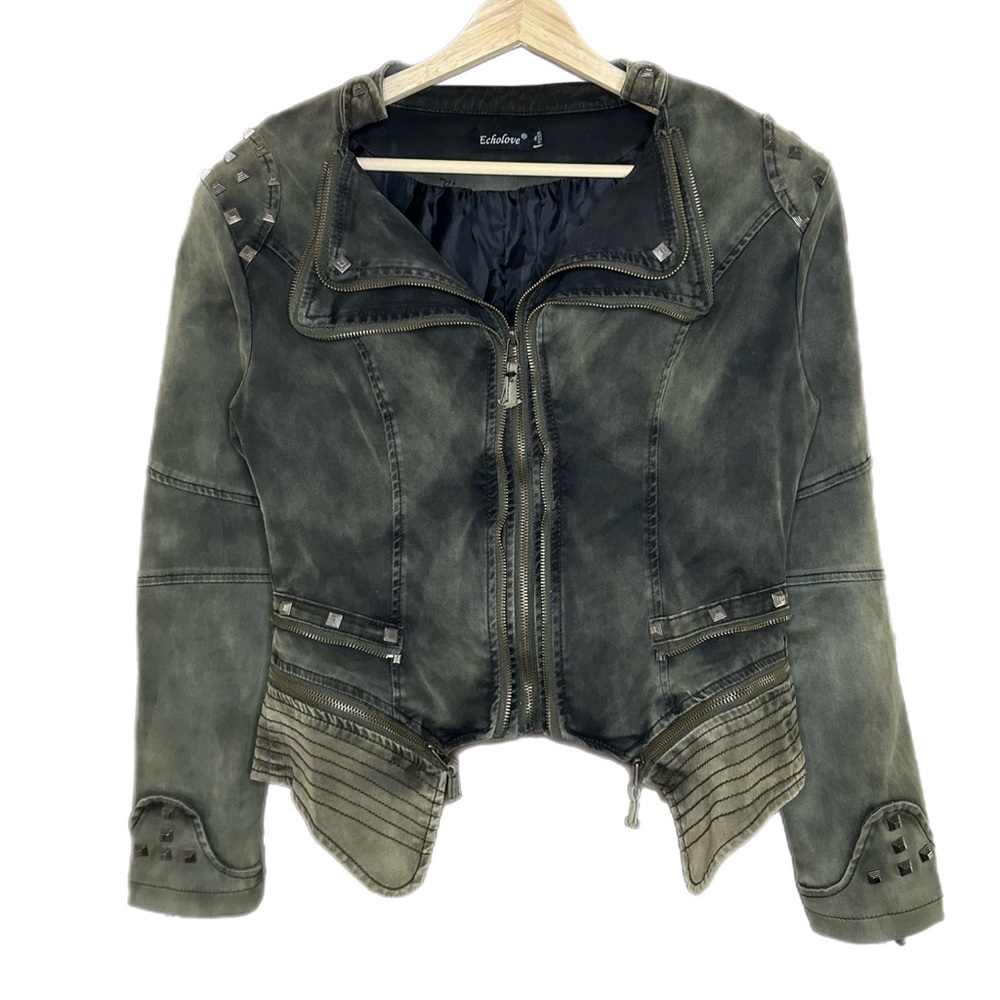 Echolove Green Denim Moto Biker Jacket Women’s XL Slim Studded Acid Dyed Y2K